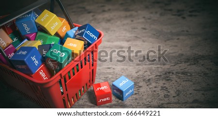 Shopping bag with domain names. Internet communication and e-business concept. 3d illustration