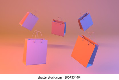 Shopping Bags. Group Of Multicolored Blank Gift Bags. 3D Render.