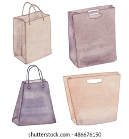 Shopping Bags isolated. Colorful accessories. Various female handbags. Paper bag collection. Eco bags. Package. Watercolor set.
