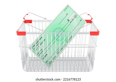 Shopping Basket With Bank Check, 3D Rendering Isolated On White Background