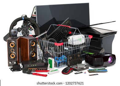 Shopping Basket With Computer Device And Accessories, 3D Rendering Isolated On White Background