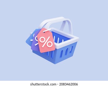 Shopping basket with discount coupon. Sale on goods. Banner template or mockup for promotion. 3D Rendering. Blue