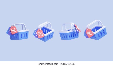 Shopping basket with discount coupon. Set of icon in cartoon style isolated on background. Sale on goods. Banner template or mockup for promotion. 3D Rendering. Blue