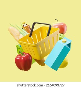 Shopping basket and diverse floating products, light yellow background. Concept of delivery and purchase. 3D rendering - Powered by Shutterstock