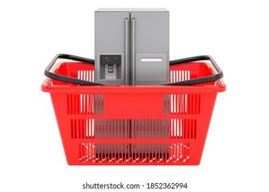 Shopping Basket With Double Door Fridge, 3D Rendering Isolated On White Background