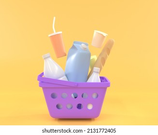 Shopping Basket With Food And Drinks, Full Plastic Supermarket Cart With Grocery And Dairy Products, Bread, Bottles Milk And Box Juice. Delivery From Online Shop, Retail Store Or Market, 3d Render