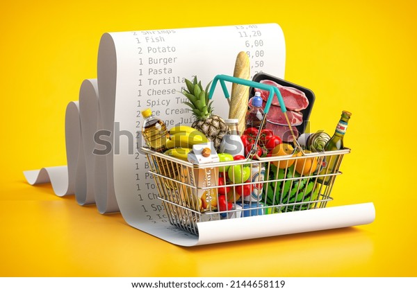 Shopping basket\
with foods on receipt. Grocery  expenses budget, inflation and\
consumerism concept. 3d\
illustration