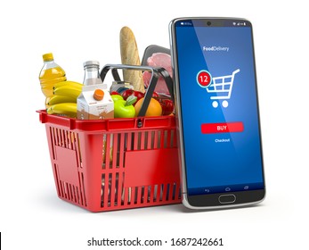 Shopping basket with fresh food isolated on white. Grocery supermarket, food and eats online buying and delivery concept. 3d illustration