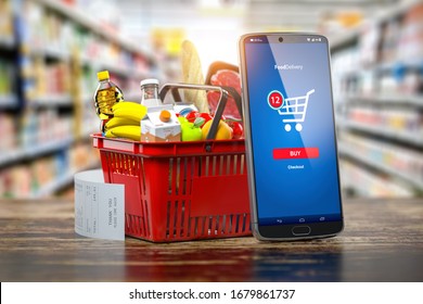 Shopping basket with fresh food and smartphone. Grocery supermarket, food and eats online buying and delivery concept. 3d illustration
