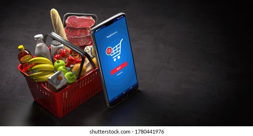 Shopping Basket With Fresh Food And Smartphone Or Mobile. Grocery Supermarket, Food And Eats Online Buying And Delivery Concept. 3d Illustration