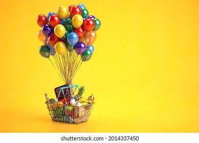 Shopping basket full of food with balloons. Grocery stor opening and food delivery concept. 3d illustration