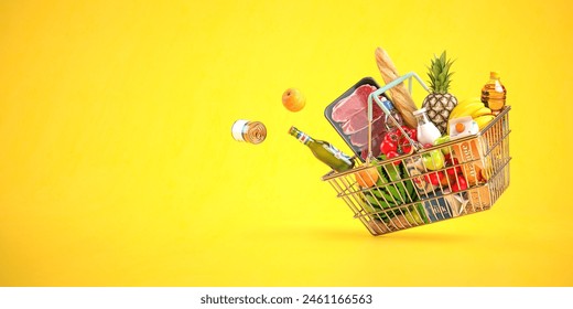 Shopping basket full of grocery products, food and drink on yellow background. 3d illustration - Powered by Shutterstock