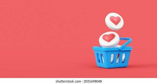 Shopping Basket Full Of Hearts. 3d Rendering Illustration. 