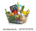 Shopping basket full of variety of grocery products, food and drink isolated on white background. 3d illustration