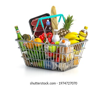 Shopping basket full of variety of grocery products, food and drink isolated on white background. 3d illustration