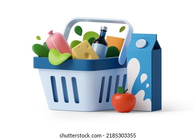 Shopping Basket With Groceries 3d Rendered Illustration. Grocery Bag With Product Set. Time For Shopping And Supermarket Concept. 3D Illustration