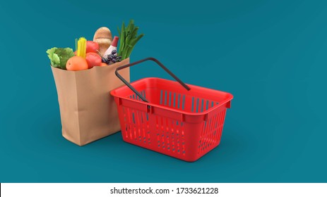 The Shopping Basket Is On The Side Of The Supermarket Bag On The Back Of The Blue Color.-3d Rendering.
