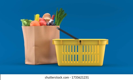 The shopping basket is on the side of the supermarket bag on the back of the blue color.-3d rendering. - Shutterstock ID 1733621231