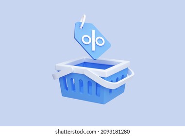 Shopping Basket With Price Tag And Percent. Sale And Discount On Purchases Of Goods. Online Shopping Icon In Cartoon Design. 3D Rendering. Blue