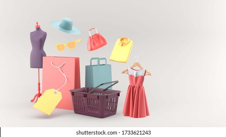 The shopping basket is surrounded by shopping bags and clothes on a gray background. - 3d rendering.
 - Powered by Shutterstock