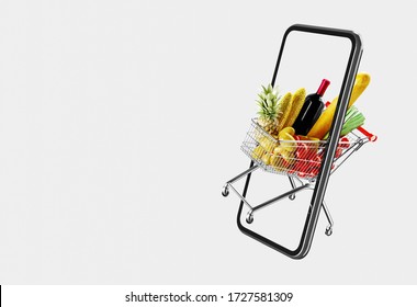 Shopping Cart App Delivery Food Service Background Concept. 3D Illustration.