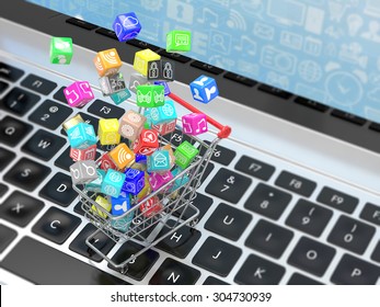 shopping cart with application software icons on laptop