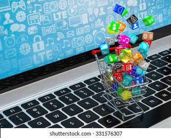 shopping cart with application software icons on laptop