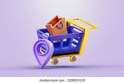 Shopping Cart With Bag Location Sign 3d Render Concept For Super Market Shop Location