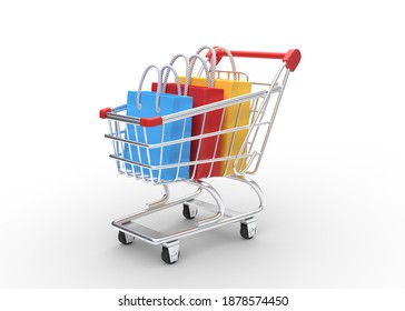 Shopping cart with shopping bags isolated on a white background. Shopping Trolley. Grocery push cart. Minimalist concept, isolated cart. 3d render illustration
