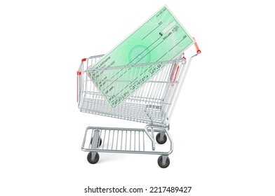 Shopping Cart With Bank Check, 3D Rendering Isolated On White Background