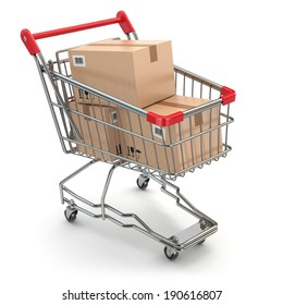 Shopping Cart With Boxes On White Isolated Background. 3d