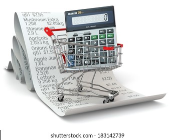 Shopping Cart With Calculator On Reciept. 3d