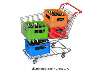 shopping cart with crates beer isolated on white background