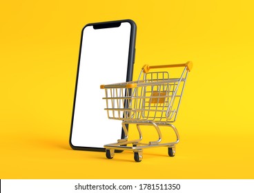 Shopping Cart With Empty Smartphone Screen On A Yellow Background. Shopping Trolley. Grocery Push Cart. Online Shopping And Advertising Concept. 3d Render Illustration