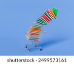 Shopping cart filled with a pile of colorful books, forming a falling tower, on blue background. Concept of education and learning. Rendered 3d.