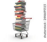 Shopping Cart Filled with a Stack of Books - Symbolizing the Joy of Reading and the Acquisition of Knowledge