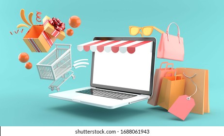 The shopping cart floating out of the online store on a blue background.-3d rendering.