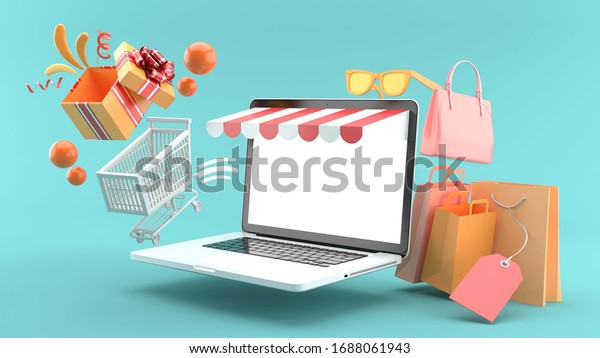 青の背景にオンラインストアから浮かび上がるショッピングカート 3dレンダリング のイラスト素材