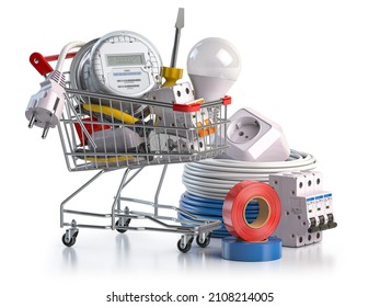 Shopping cart full of electrical components and equipment isolated on white. 3d illustration