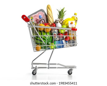 Shopping Cart Full Of Food Isolated On White. Grocery And Food Store Concept. 3d Illustration