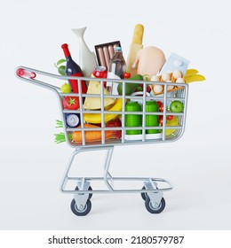 Shopping Cart Full Of Food Isolated On White Background. Grocery And Food Store Concept. Supermarket Trolley Cart With Fresh Products And Red Handle. Realistic Grocery Cart 3d Render Illustration.