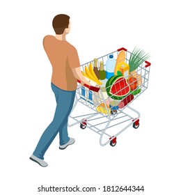 Shopping cart full of food. Man pushing supermarket shopping cart full of groceries. Isometric illustration isolated on white background. Back view - Powered by Shutterstock