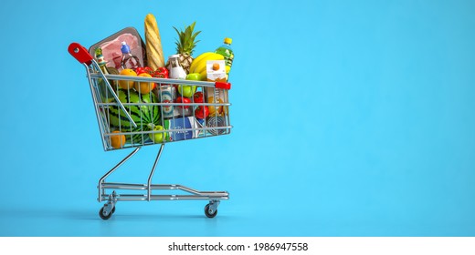 Shopping Cart Full Of Food On Blue Background. Grocery And Food Store Concept. 3d Illustration