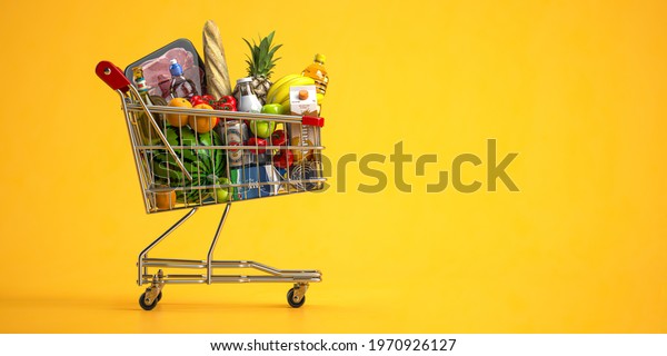 Shopping cart full of food on\
yellow background. Grocery and food store concept. 3d\
illustration