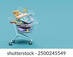 Shopping cart full of school accessories and books on blue background with copy space. Shopping for school concept. 3D Rendering, 3D Illustration