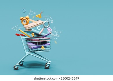 Shopping cart full of school accessories and books on blue background with copy space. Shopping for school concept. 3D Rendering, 3D Illustration - Powered by Shutterstock