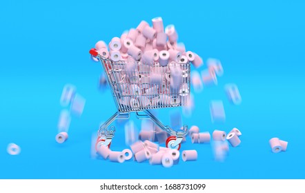 Shopping Cart Full Of Toilet Paper During Crisis COVID-19 3D Rendering