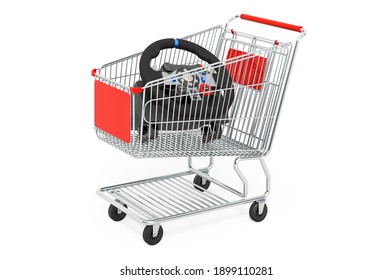 Shopping Cart With Gaming Steering Wheel. 3D Rendering Isolated On White Background