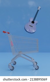 Shopping Cart With Guitar Isolated In  Light Bluebackground. 3d Render Illustration.