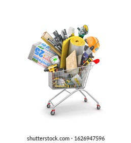 Shopping Cart With Heap Of Building Materials, 3d Illustration